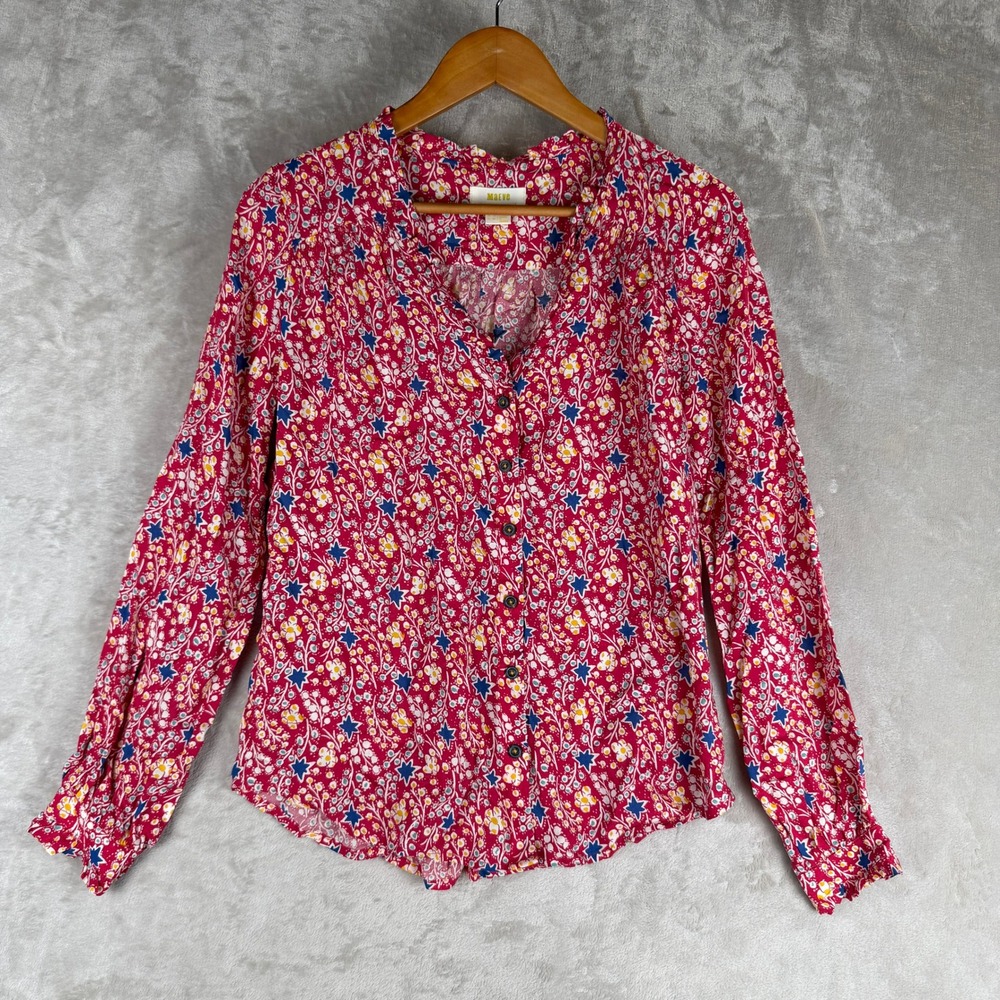Maeve Anthropologie Pink Floral Star Print Ruffle Smocked Button Down Blouse 2